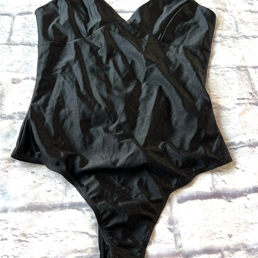 NEW Timing women’s Small Thong Satin Spandex spaghetti strap black bodysuit NWO